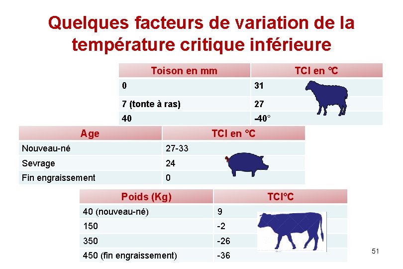 Quelques facteurs de variation de la température critique inférieure Toison en mm TCI en