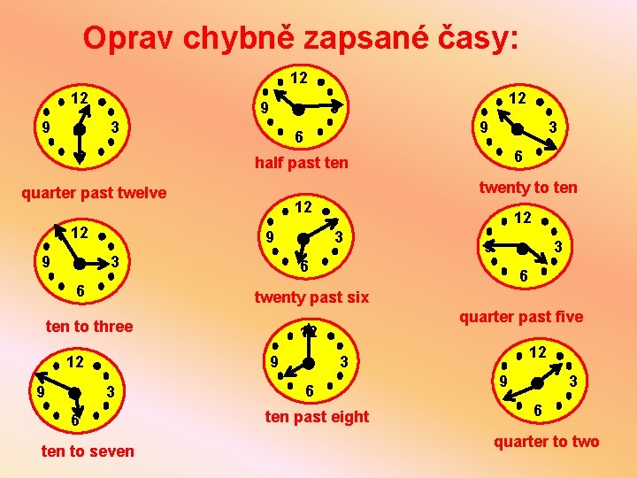 Oprav chybně zapsané časy: 12 12 9 9 3 6 half past ten 12