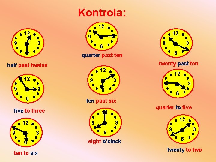 Kontrola: 12 12 9 9 3 6 quarter past ten 12 twenty past ten