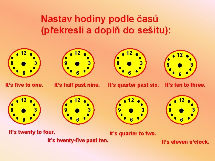 Nastav hodiny podle časů (překresli a doplň do sešitu): 12 9 12 3 6