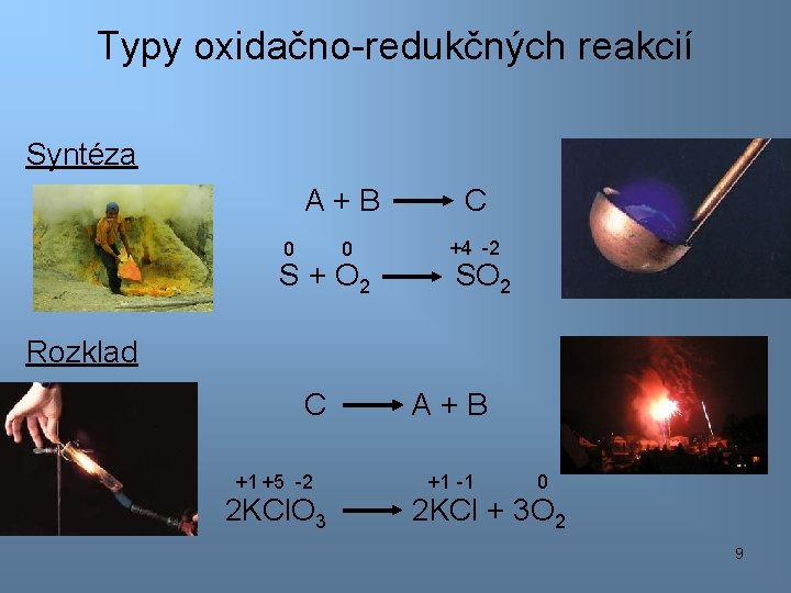 Typy oxidačno-redukčných reakcií Syntéza A+B C 0 +4 -2 0 S + O 2