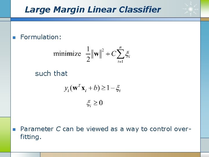 Large Margin Linear Classifier n Formulation: such that n Parameter C can be viewed