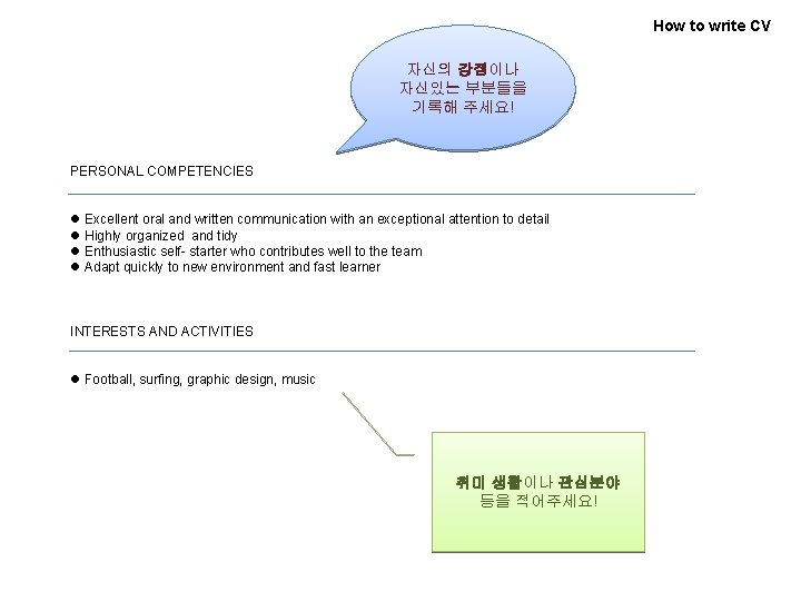 How to write CV 자신의 강점이나 자신있는 부분들을 기록해 주세요! PERSONAL COMPETENCIES l Excellent