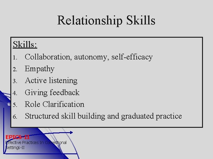 Relationship Skills: 1. 2. 3. 4. 5. 6. Collaboration, autonomy, self-efficacy Empathy Active listening