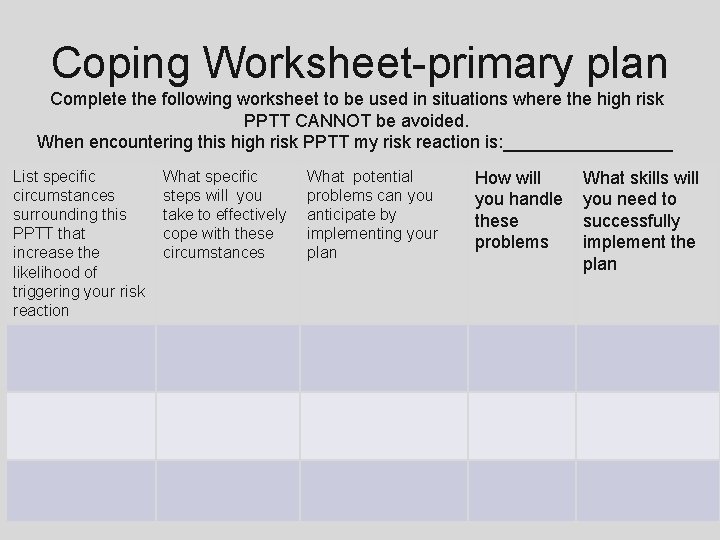 Coping Worksheet-primary plan Complete the following worksheet to be used in situations where the