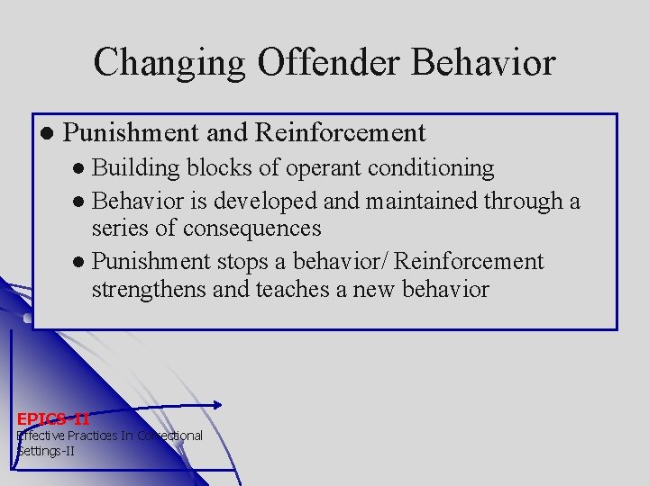 Changing Offender Behavior Punishment and Reinforcement Building blocks of operant conditioning Behavior is developed