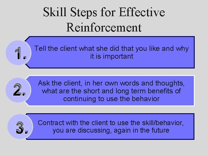 Skill Steps for Effective Reinforcement 1. Tell the client what she did that you