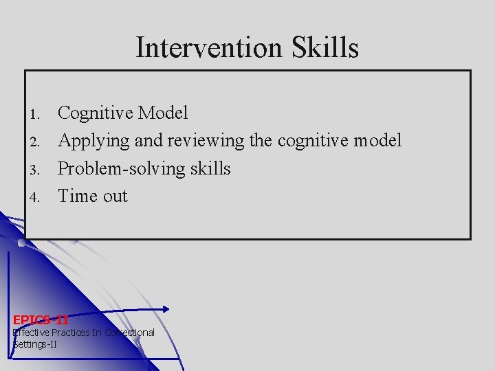 Intervention Skills 1. 2. 3. 4. Cognitive Model Applying and reviewing the cognitive model