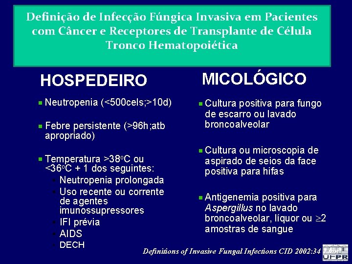 Infecção Pulmonar no Paciente Imunocomprometido Definição de Infecção Fúngica Invasiva em Pacientes com Câncer