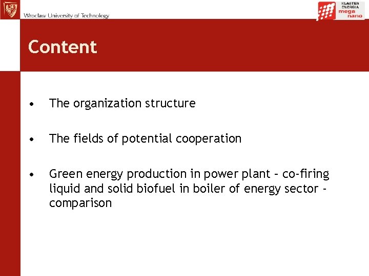 Content • The organization structure • The fields of potential cooperation • Green energy