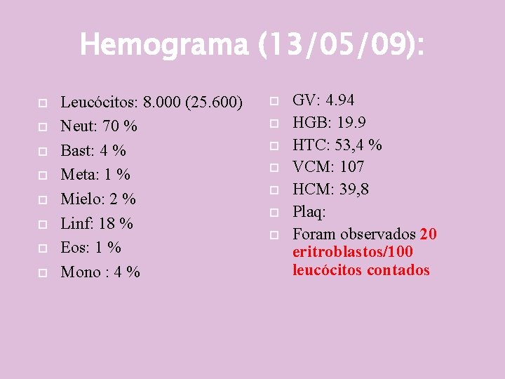 Hemograma (13/05/09): Leucócitos: 8. 000 (25. 600) Neut: 70 % Bast: 4 % Meta: