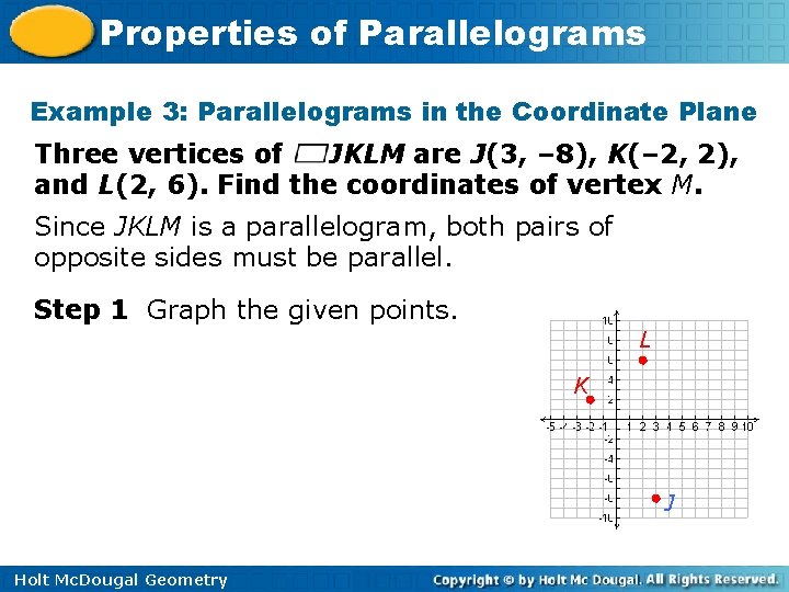 Properties of Parallelograms Example 3: Parallelograms in the Coordinate Plane Three vertices of JKLM