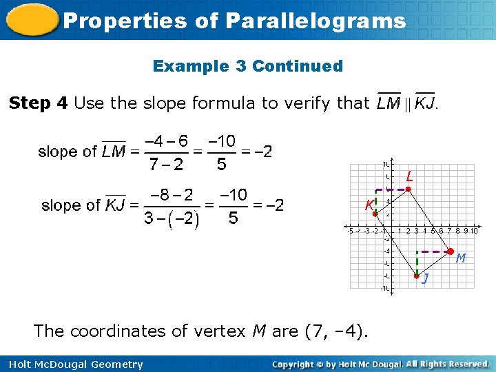 Properties of Parallelograms Example 3 Continued Step 4 Use the slope formula to verify