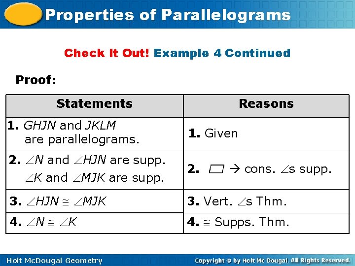 Properties of Parallelograms Check It Out! Example 4 Continued Proof: Statements Reasons 1. GHJN