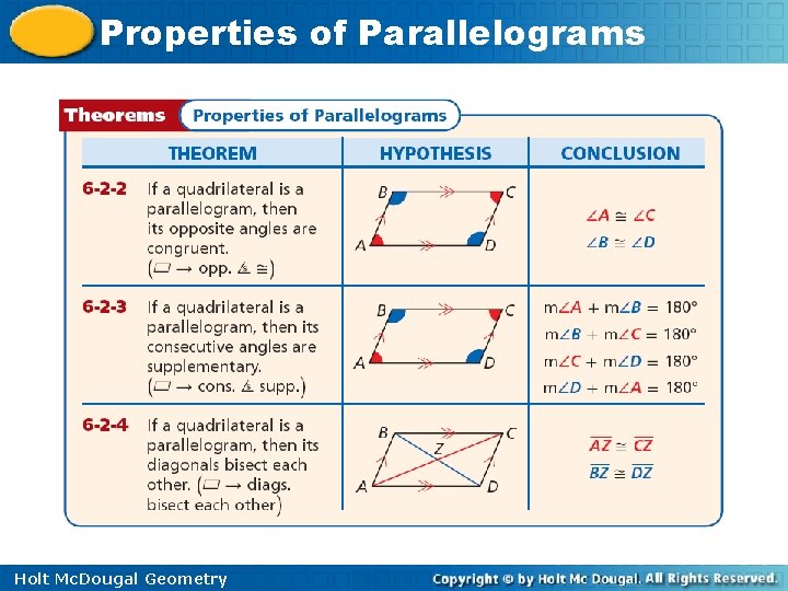 Properties of Parallelograms Holt Mc. Dougal Geometry 