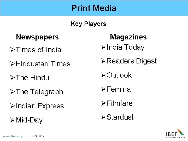 Print Media Key Players Newspapers ØTimes of India Magazines ØIndia Today ØHindustan Times ØReaders