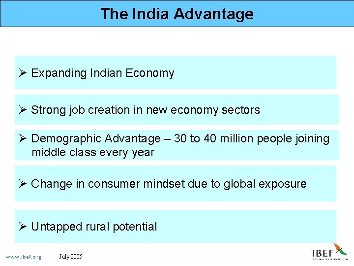 The India Advantage Ø Expanding Indian Economy Ø Strong job creation in new economy