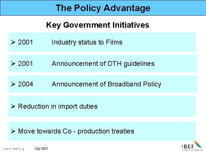 The Policy Advantage Key Government Initiatives Ø 2001 Industry status to Films Ø 2001