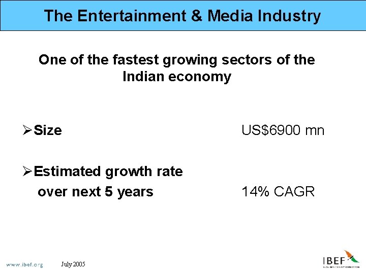 The Entertainment & Media Industry One of the fastest growing sectors of the Indian