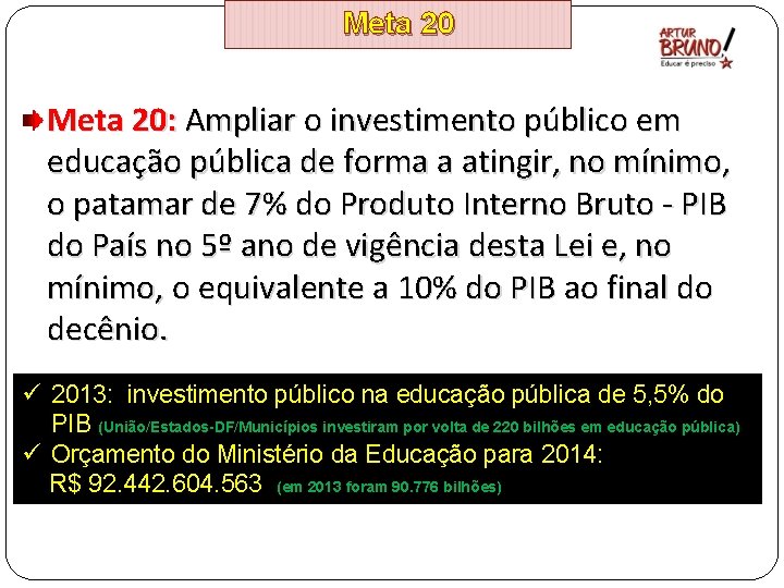 Meta 20: Ampliar o investimento público em educação pública de forma a atingir, no