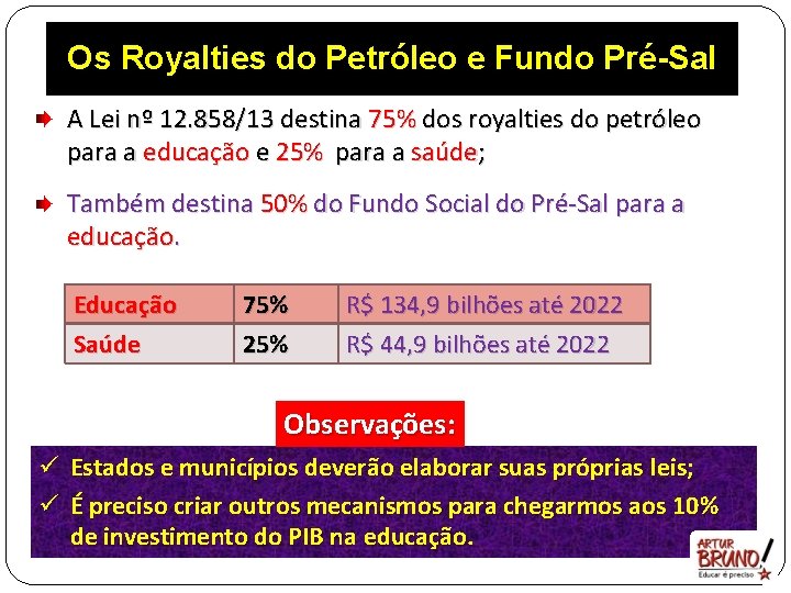 Os Royalties do Petróleo e Fundo Pré-Sal A Lei nº 12. 858/13 destina 75%