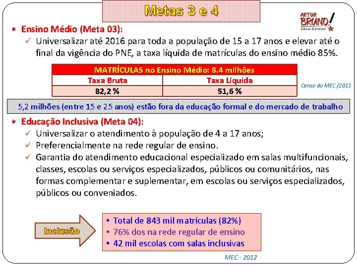 Metas 3 e 4 Ensino Médio (Meta 03): ü Universalizar até 2016 para toda