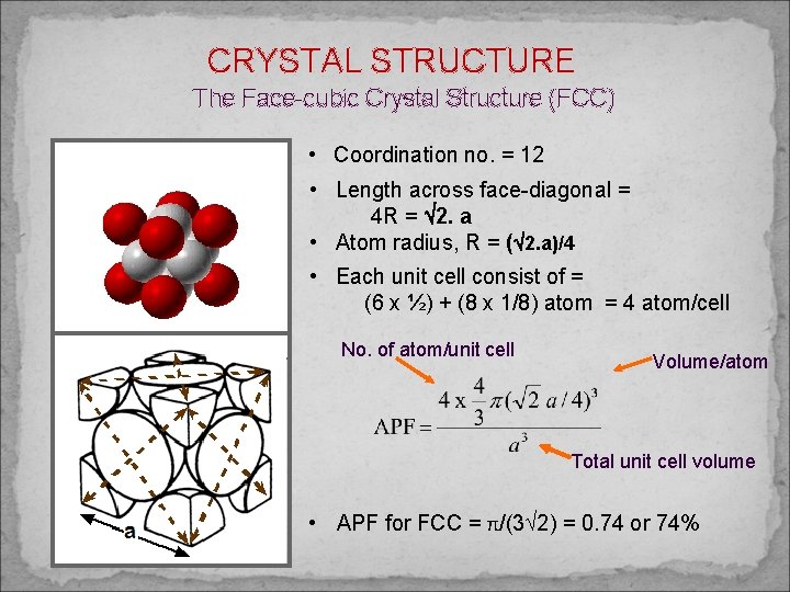 CRYSTAL STRUCTURE The Face-cubic Crystal Structure (FCC) • Coordination no. = 12 • Length