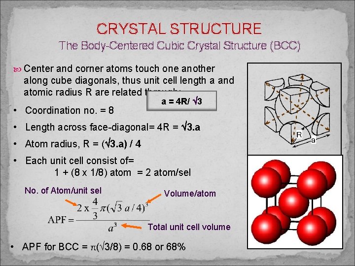 CRYSTAL STRUCTURE The Body-Centered Cubic Crystal Structure (BCC) Center and corner atoms touch one