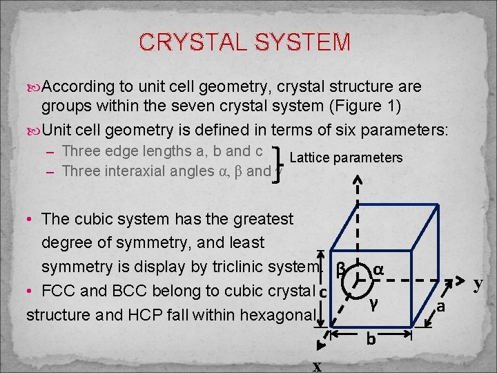 CRYSTAL SYSTEM According to unit cell geometry, crystal structure are groups within the seven