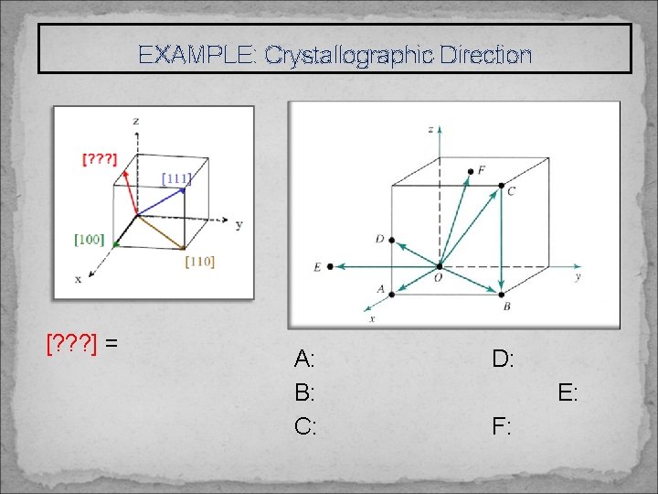 EXAMPLE: Crystallographic Direction [? ? ? ] = A: B: C: D: E: F: