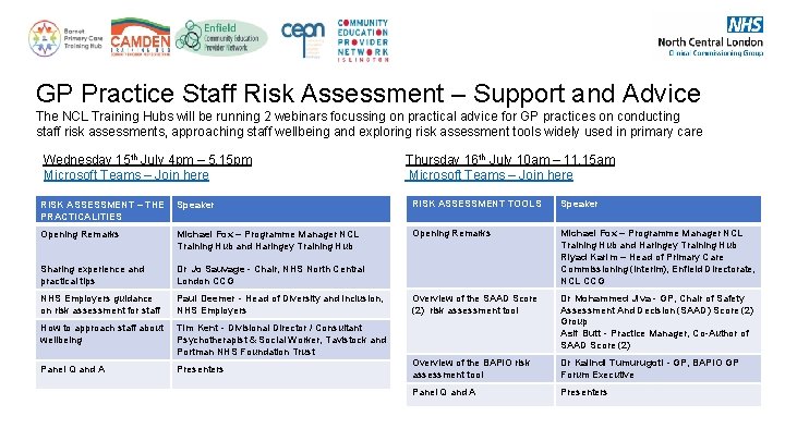 GP Practice Staff Risk Assessment – Support and Advice The NCL Training Hubs will