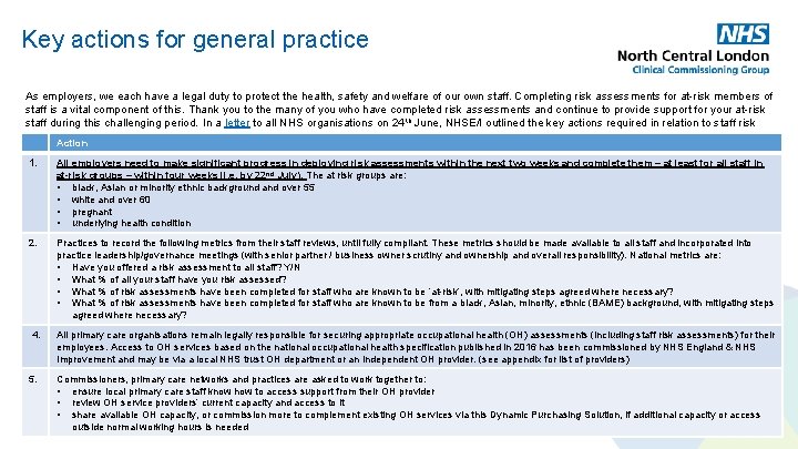 Key actions for general practice As employers, we each have a legal duty to