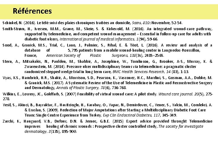 Références Schinkel, N. (2016). Le télé suivi des plaies chroniques traitées au domicile, Soins, Références Schinkel, N. (2016). Le télé suivi des plaies chroniques traitées au domicile, Soins,