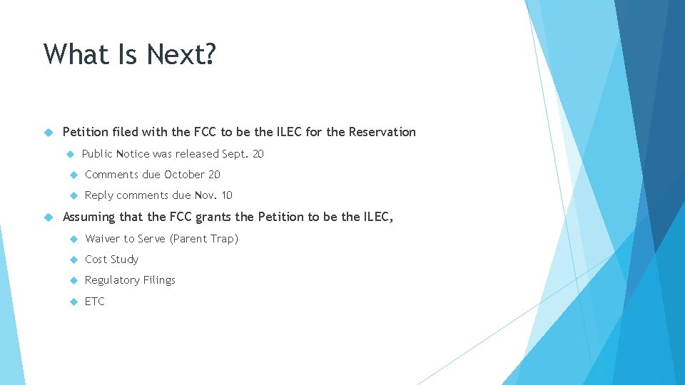 What Is Next? Petition filed with the FCC to be the ILEC for the