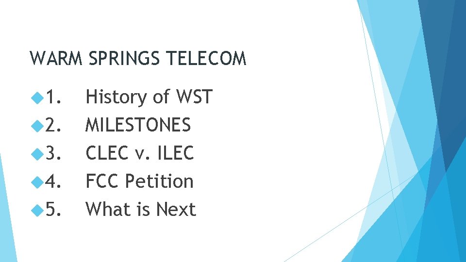 WARM SPRINGS TELECOM 1. 2. 3. 4. 5. History of WST MILESTONES CLEC v.