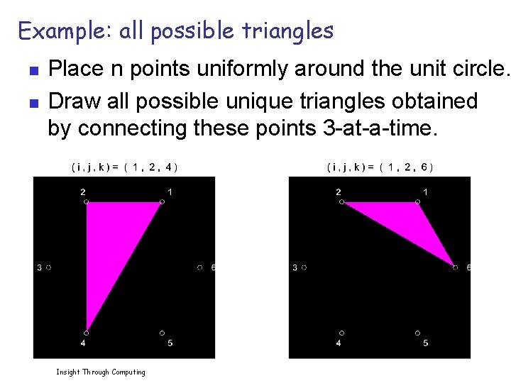 Example: all possible triangles n n Place n points uniformly around the unit circle.