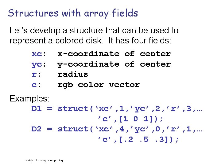 Structures with array fields Let’s develop a structure that can be used to represent