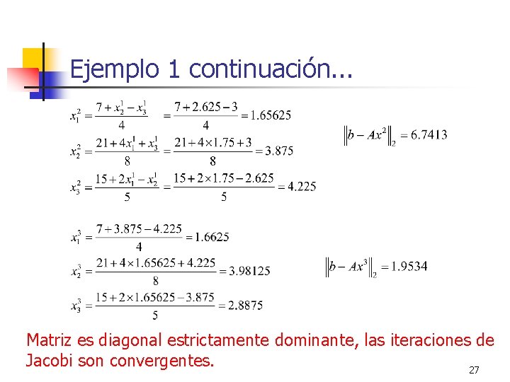 Ejemplo 1 continuación. . . Matriz es diagonal estrictamente dominante, las iteraciones de Jacobi