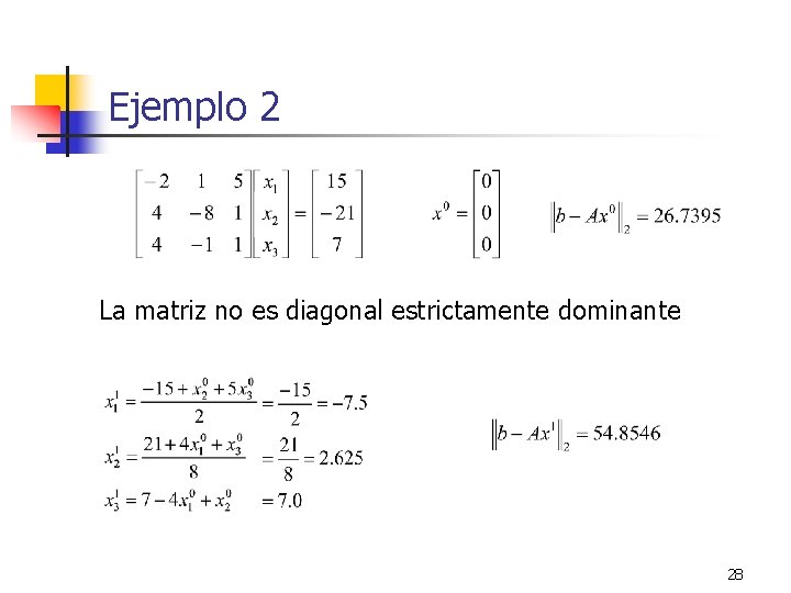 Ejemplo 2 La matriz no es diagonal estrictamente dominante 28 