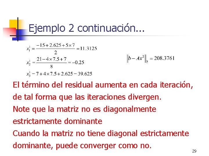 Ejemplo 2 continuación. . . El término del residual aumenta en cada iteración, de