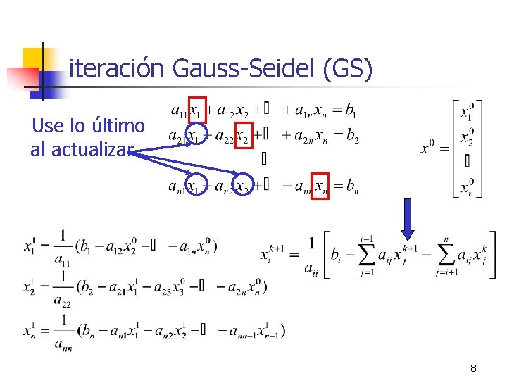 iteración Gauss-Seidel (GS) Use lo último al actualizar 8 
