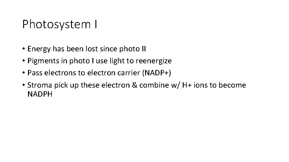 Photosystem I • Energy has been lost since photo II • Pigments in photo