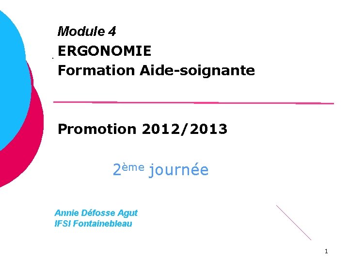 Module 4 ERGONOMIE Formation Aide-soignante Promotion 2012/2013 2ème journée Annie Défosse Agut IFSI Fontainebleau