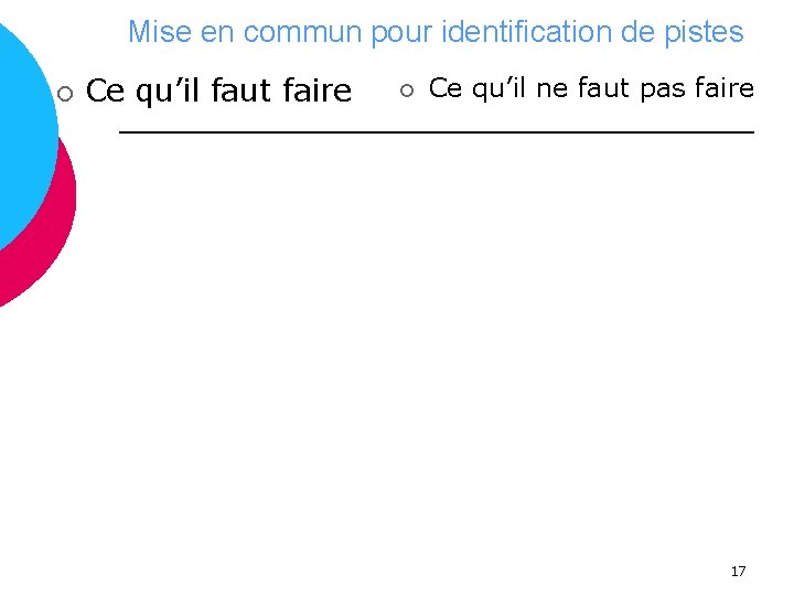 Mise en commun pour identification de pistes ¡ Ce qu’il faut faire ¡ Ce