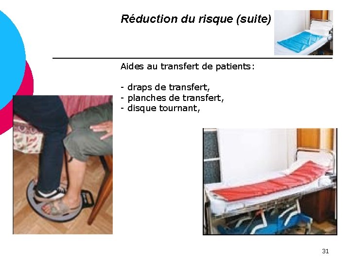 Réduction du risque (suite) Aides au transfert de patients: - draps de transfert, -