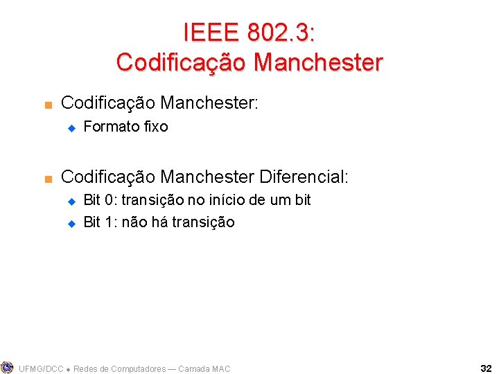 IEEE 802. 3: Codificação Manchester < Codificação Manchester: u < Formato fixo Codificação Manchester