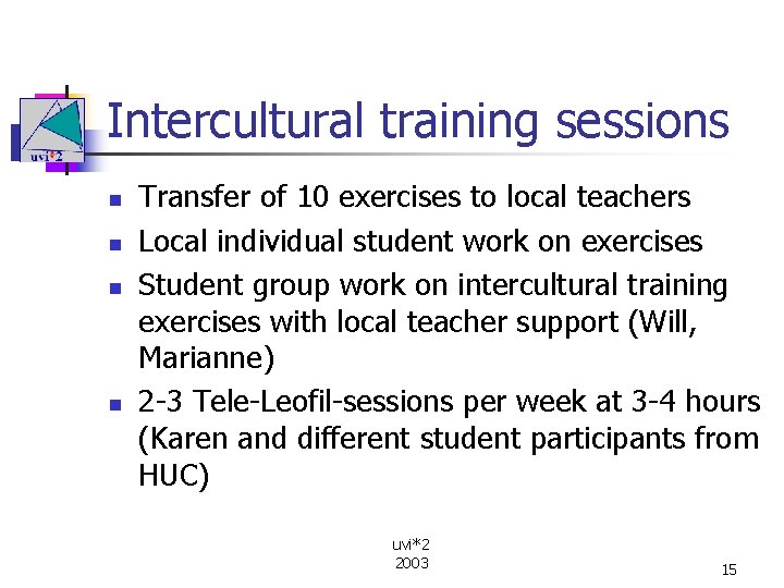 Intercultural training sessions n n Transfer of 10 exercises to local teachers Local individual