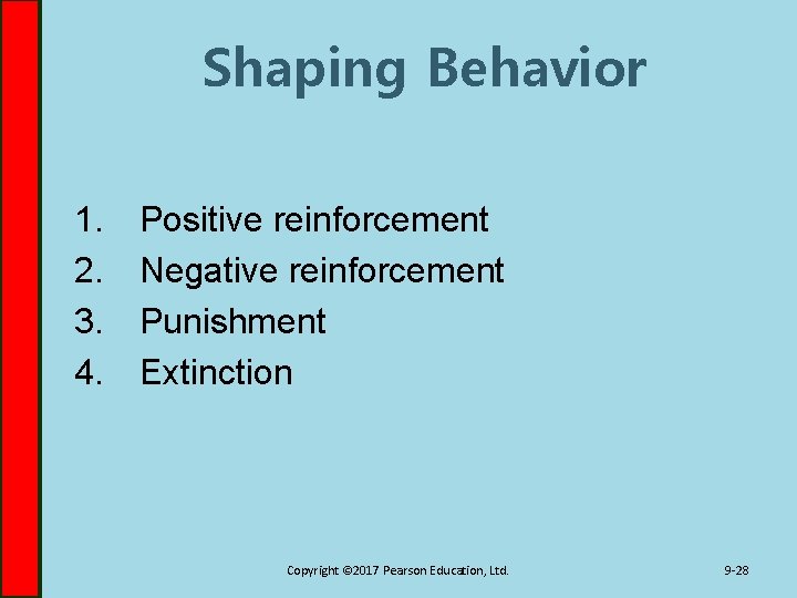 Shaping Behavior 1. 2. 3. 4. Positive reinforcement Negative reinforcement Punishment Extinction Copyright ©