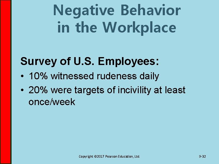 Negative Behavior in the Workplace Survey of U. S. Employees: • 10% witnessed rudeness