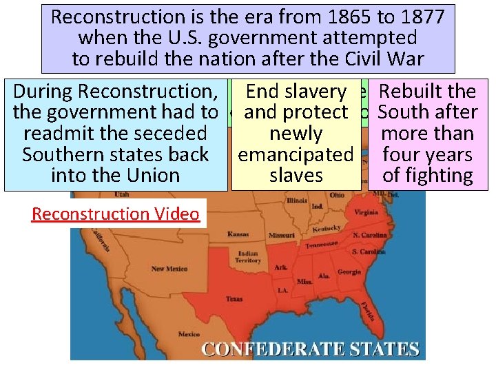 Reconstruction is the era from 1865 to 1877 when the U. S. government attempted